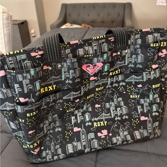 Roxy Black Cityscape Tote with Pink Accents - Picture 1 of 2